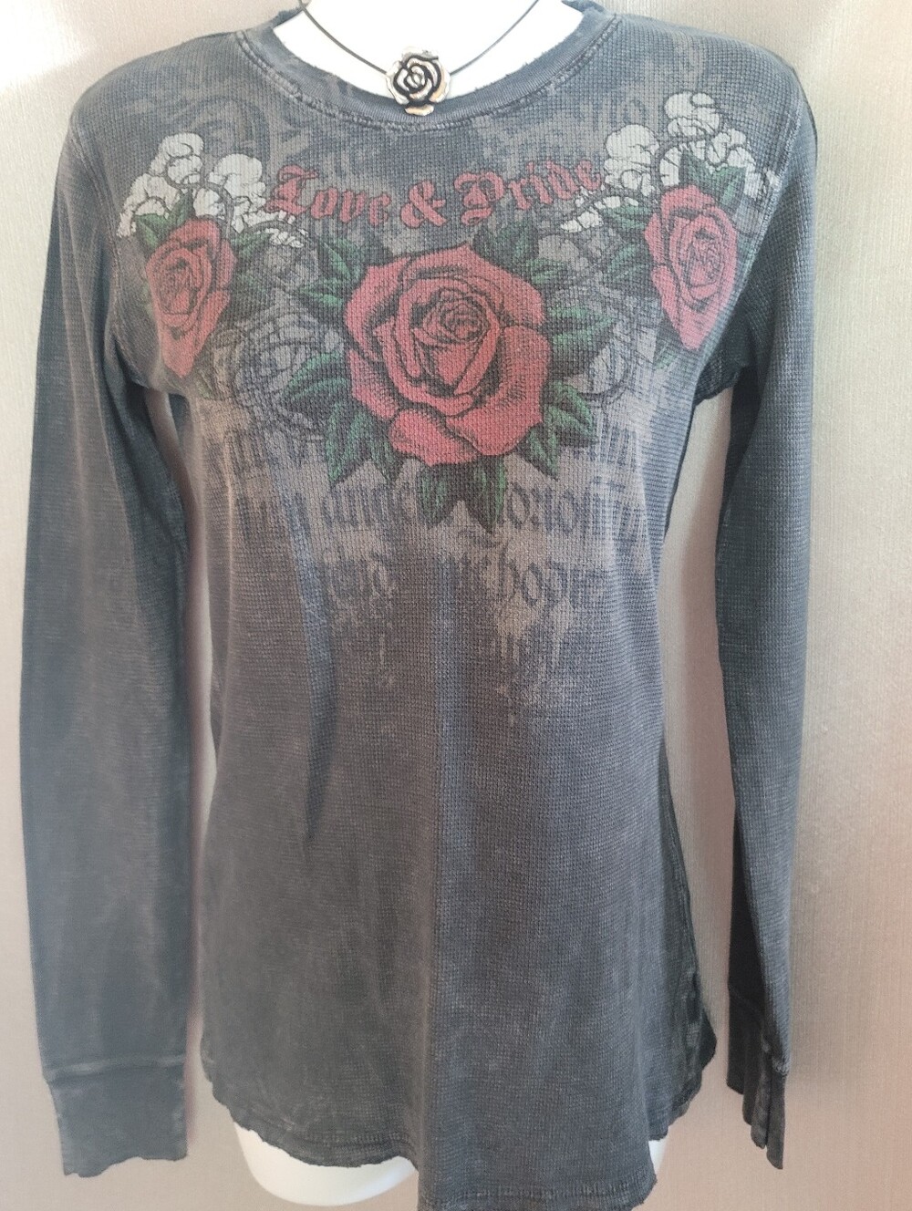 Gray Long Sleeve Thermal Top with Pink Rose Graphic